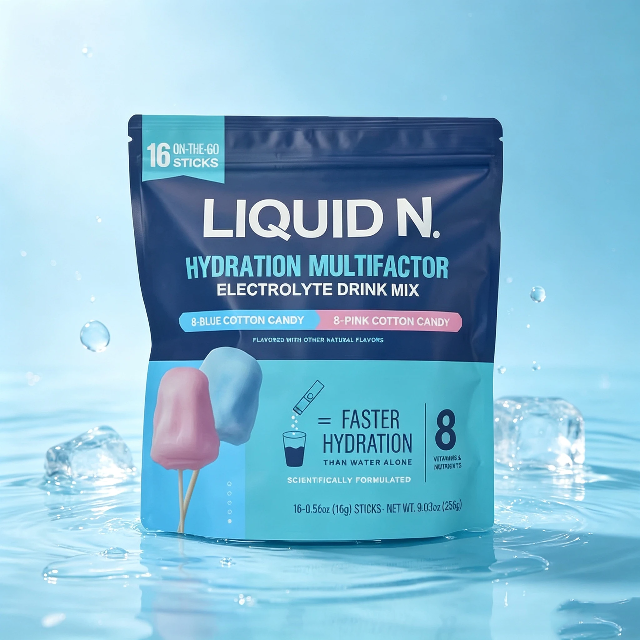 Hydration Multifactor Electrolyte Drink Mix - Blue & Pink Cotton Candy Flavor 16 Sticks, Fast Hydration with Vitamins & Nutrient