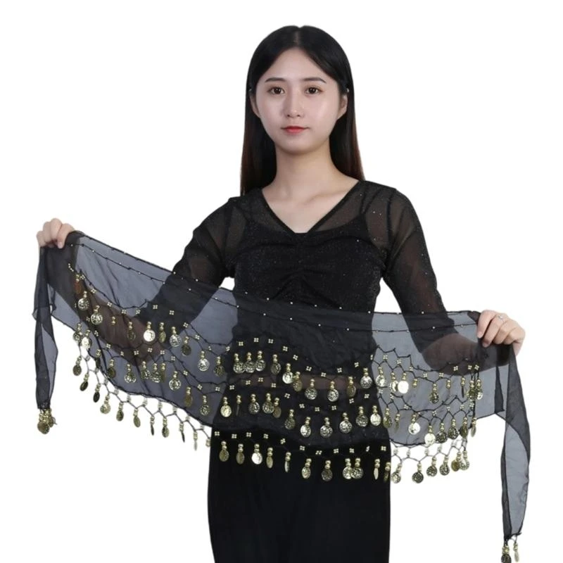 39BB Belly Dance Hip Scarf,Sweet Belly Dance Skirt Wrap with 72/98 Gold Performances Belly Dance Costume for Women