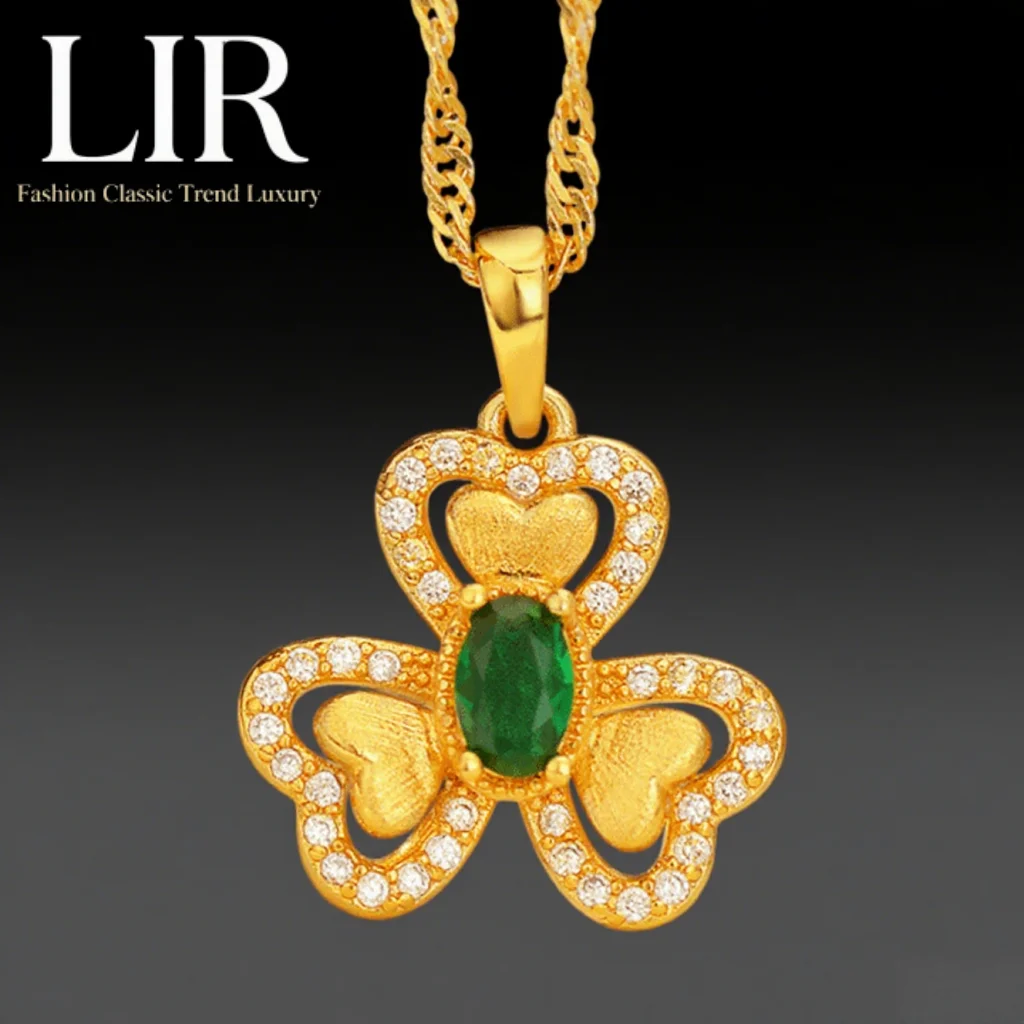 

LIR Fadeless Non-deformable Necklace: Clover with 3 Hearts Pendant, Green Glass Inlay, Eye-Catching, Trendy Women's Jewelry
