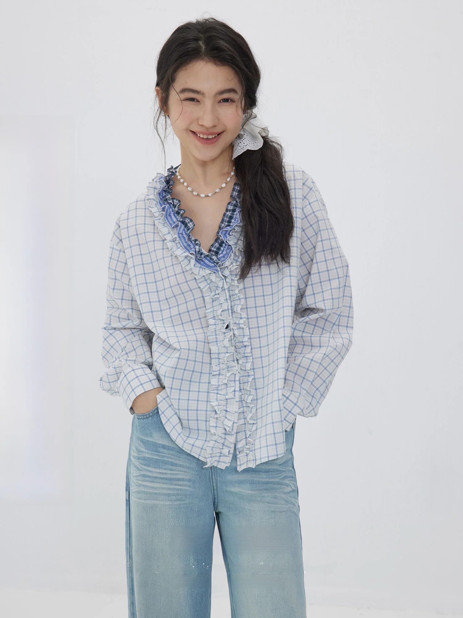 

ORWhite Винтажная женская рубашка в клетку с длинным рукавом, весенняя, с цветным дизайном, базовый слой, топ для повседневной носки, с V-образным вырезом, хлопковая рубашка