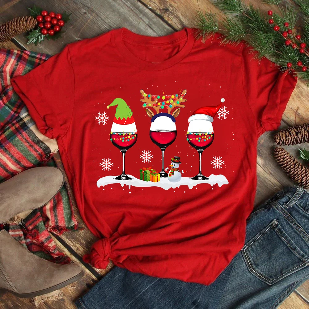 New Kawaii Christmas Wine Glass Print T Shirt  New Year Women Tops Cartoon Shirt Female Holiday Santa Claus Graphic Tee T-shirt