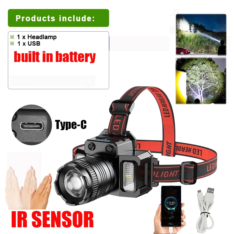 مصباح أمامي بمستشعر حركة، مصباح أمامي فائق السطوع، كشافات أمامية قابلة لإعادة الشحن عبر USB، 5 أوضاع إضاءة، مصابيح أمامية قابلة للتكبير، ضوء الجبين