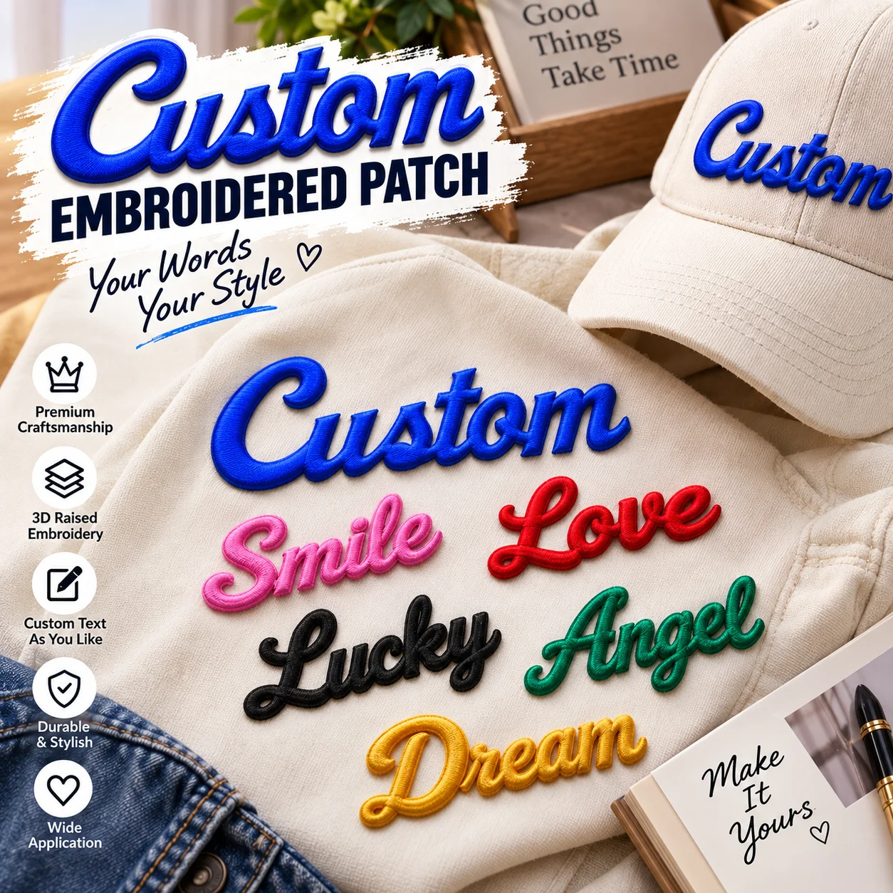 Custom Text Embroidery Patch Puff Foam On Custom Shape Applique Badge Personalized Gift for Jacket Bag Clothes DIY Decor