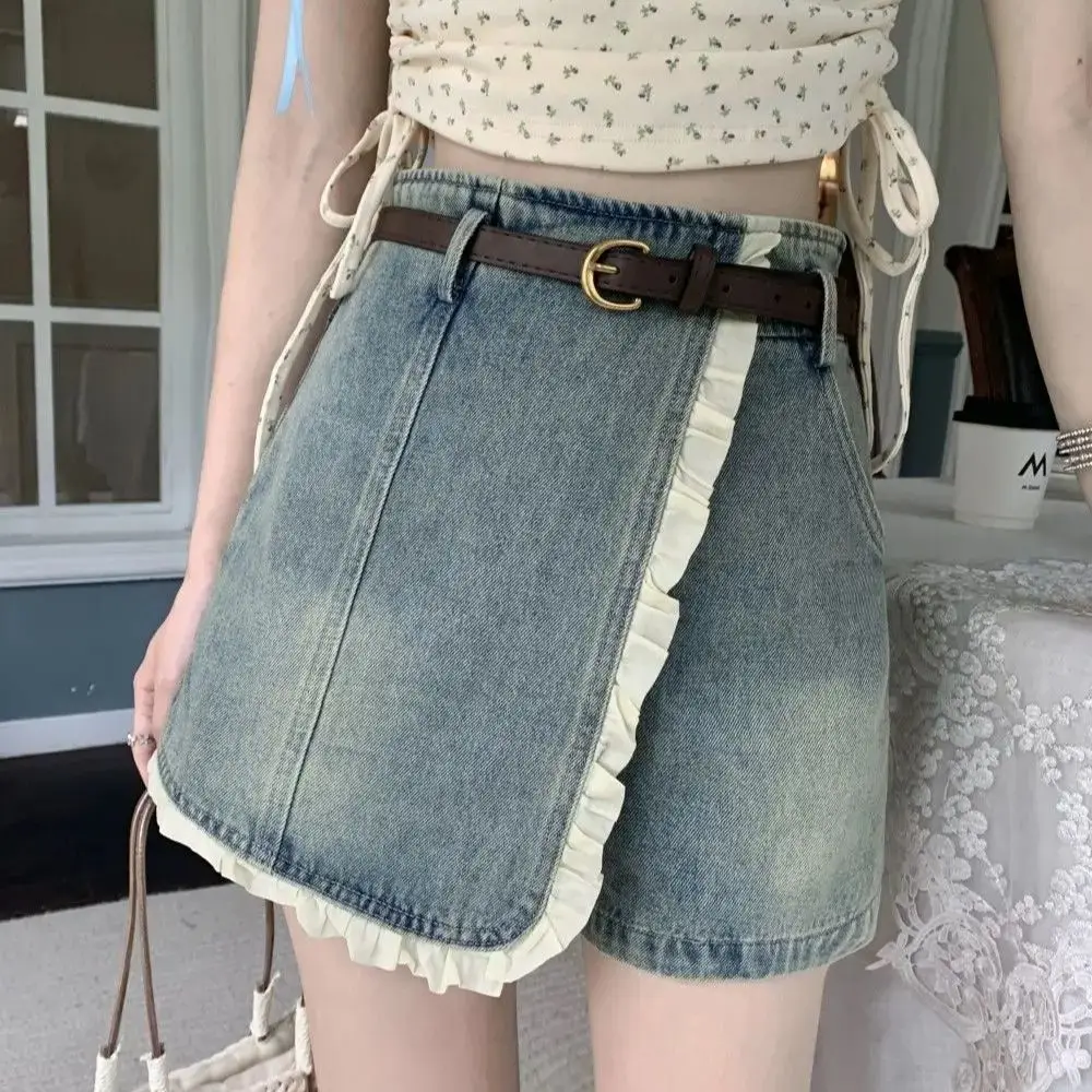 

Denim Culottes Spliced ​​With Fungus Asymmetrical High-Waisted Women Clothing Retro Summer New Retro A-Line Skirt Culottes Skirt