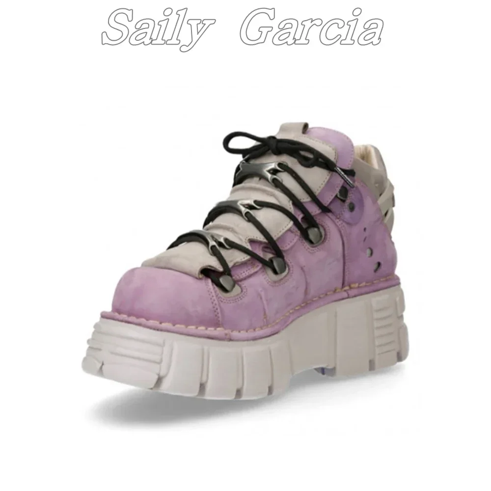

Genuine Leather Thick Bottom Punk Style Lace Up Women Shoes Mixed Color Round Toe Cool Girl Shoes Large Size Y2K Women Shoes