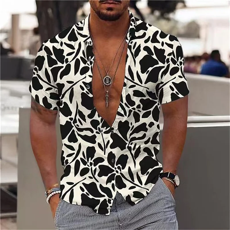 New style casual shirt short-sleeved lapel shirt 3D printing men's street fashion four-way stretch shirt men's large size tops S