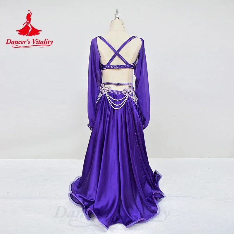 Belly Dance Performance Costume Set for Women Customsized Satin Long Sleeves+bra +long Skirt 3pcs Adult Chidlren Oriental Outfit