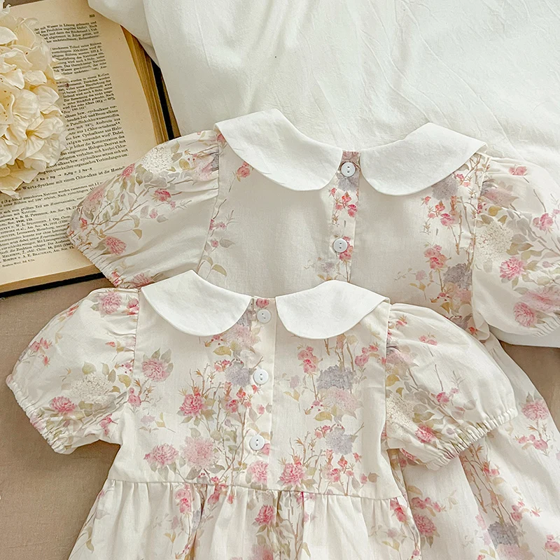 Neue Sommer Schwester Match Outfits rosa Prinzessin Kleid Schwester Baby Mädchen Kleidung Puff ärmel Blumen Stram pler Baumwolle Kleid einteilig