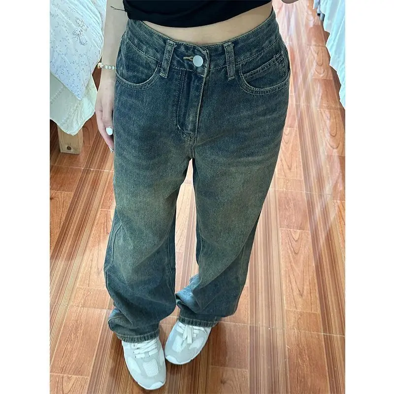 여성용 플레어 진스 스택드 러플 플리츠 드레이프 슬릿 비대칭 디테일 사이드 팔라조 드레이피 플루이드 스타일리시 시크 스트레치