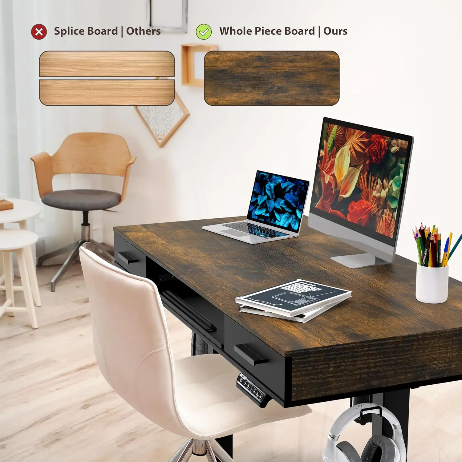 48-Inch Electric Height Adjustable Desk w/Keyboard Tray, Rustic Brown | w/ 2 Drawers | Memory Presets and Cable Management | Han