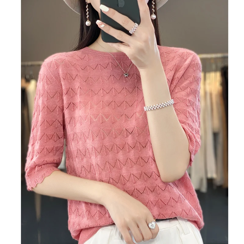 

Spring and Summer New Short-sleeved Women O-neck Slim Wool Hollow Out Pullover Vest T-shirt Knitted Base Sweater