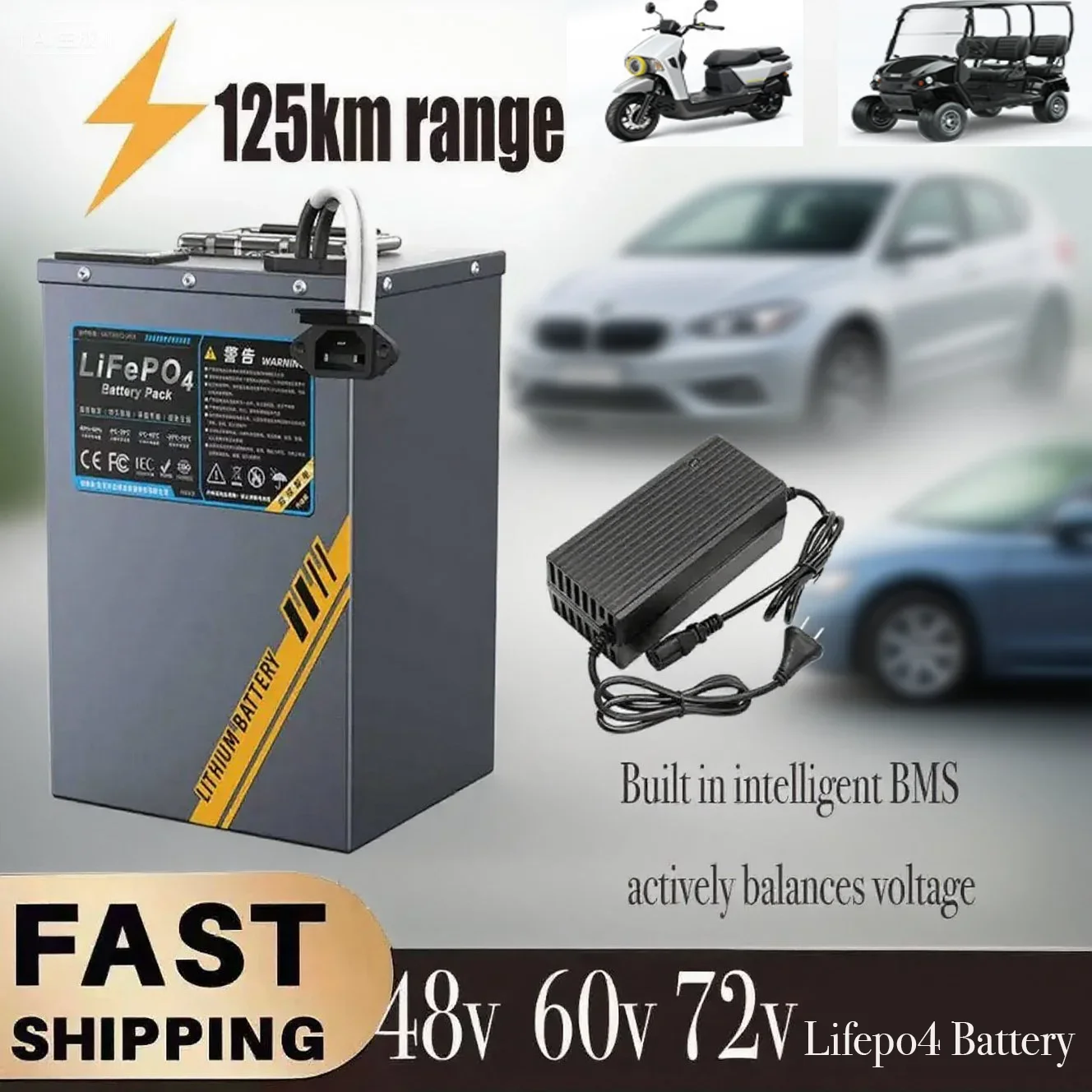 

48V 60V 72V LiFePO4 Battery High Capacity 125KM Range With intelligent BMS for E-Bike Motocycle Tricycle Golf Cart, 3000 Cycles