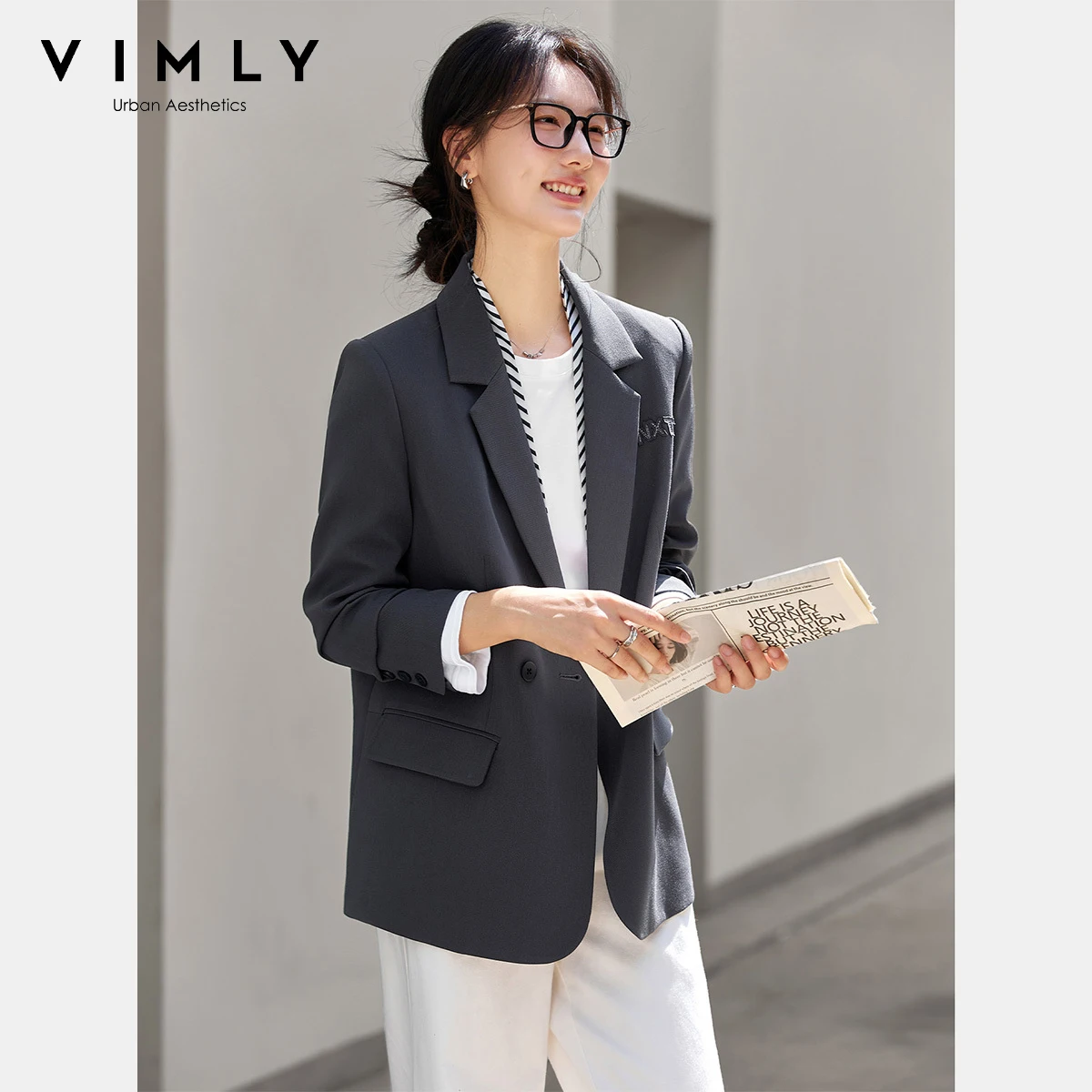 VIMLY Gray Women's Letter Embroider Jacket Coats Autumn 2025 Oversized Turn-down Blazer Woman Office Wear Blazer Femmes A2516