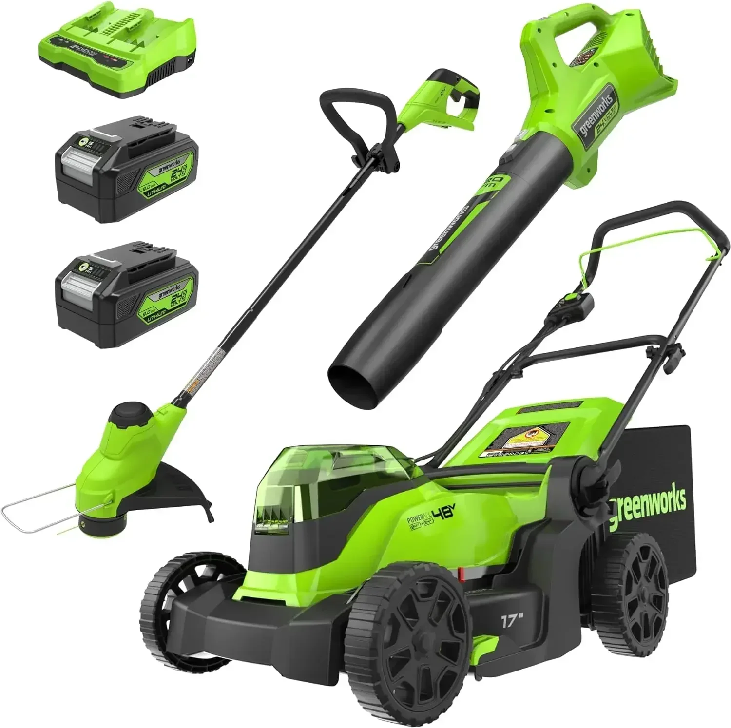 

2 x 24V 17" Brushless Cordless (Push) Lawn Mower + Blower (320 CFM) + 12" String Trimmer, (2) 5.0Ah Batteries )