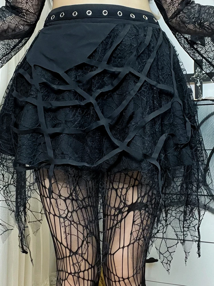 Jupe gothique k en dentelle lourde, ourlet asymétrique, Costume d'halloween pour femmes, taille haute, jupe trapèze en Fiber de Polyester