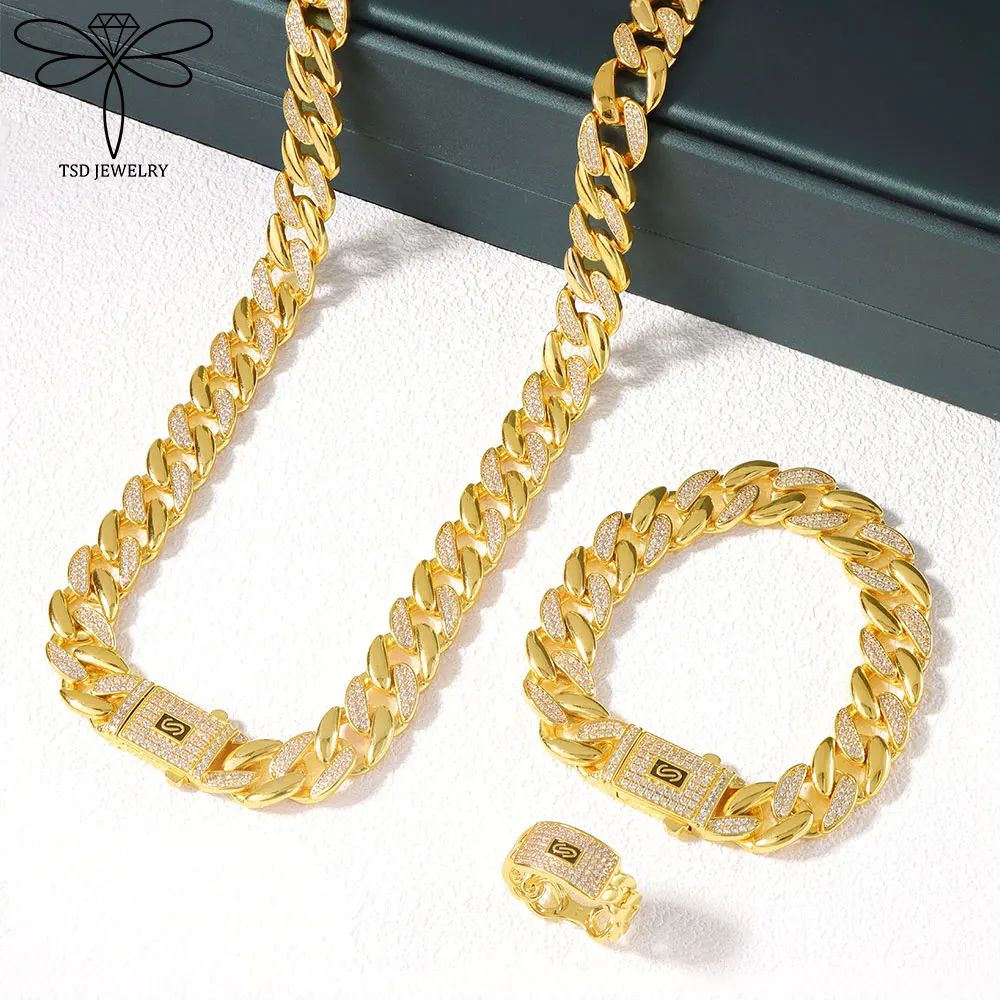 Luxuriöses Zirkonia Monaco Schmuckset 21k Vergoldet Italienischer Hip-Hop Kubanische Halskette Armband Ring Ohrringe Damen Punk Schmuck – Detail 3