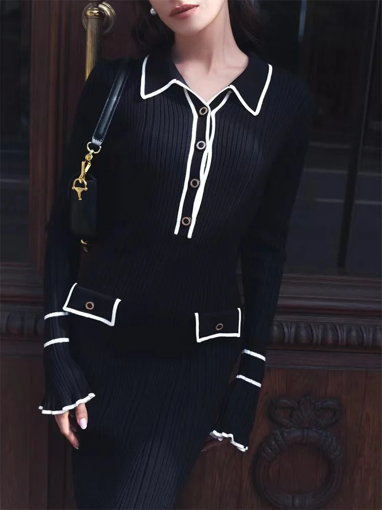 2024 Autumn Winter Elegant Knitted Long Ruffles Dressres Women New High Waist Buttons Turn-Down Collar Sweater Dress Female Chic