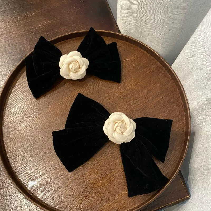 Pinza para el pelo con lazo grande de terciopelo negro Vintage para mujer y niña, Cinta Larga para boda, horquillas coreanas, pasador, accesorios