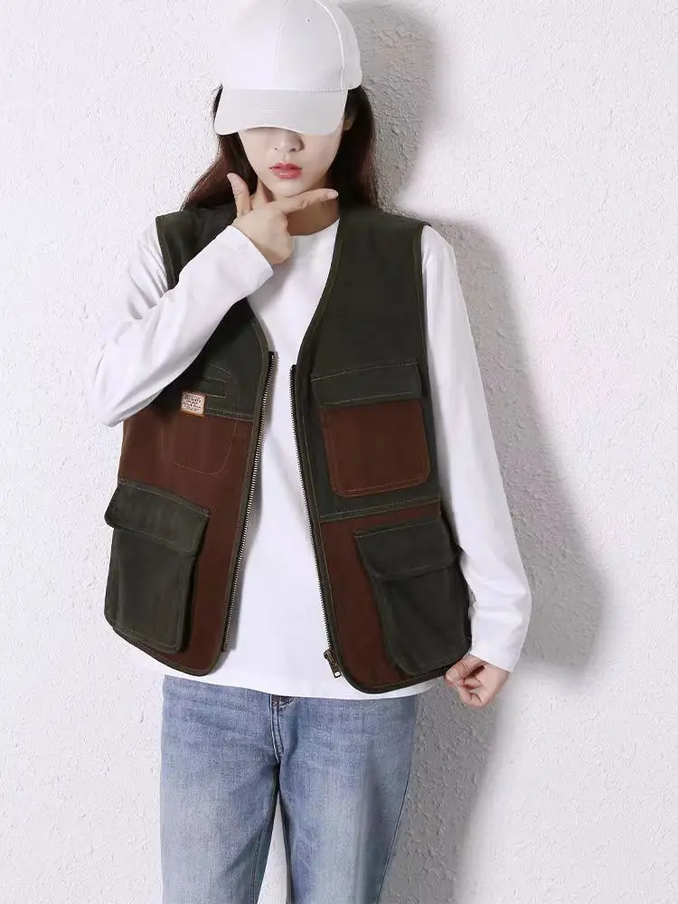 Vintage American Casual Heavyweight Washed Vest Multi Pockets Patchwork Unisex Loose Vest Jackets Coats with Zipper High Quality