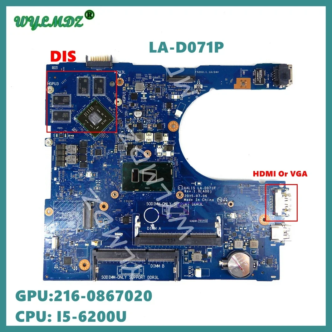 LA-D071P With i3/i5/i7 CPU V2G Notebook Mainboard For Dell Inspiron 5559 5759 5459 3559 Laptop Motherboard 100% Tested OK