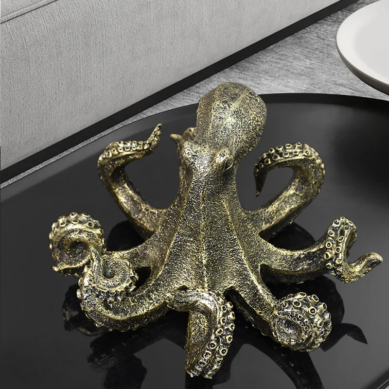 Resin Handicraft Artificial Animal Sculpture Gold Octopus Squid Ocean Marine Organism Decorative Figurines Home Decoration