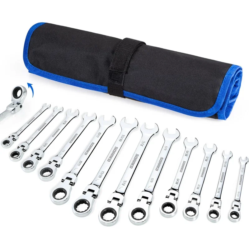 Ratcheting Wrench Set Flex, 12 Piece SAE Combination Ratchet Wrench kit, 1/4″ - 13/16″ Chrome Vanadium Steel Wrenches