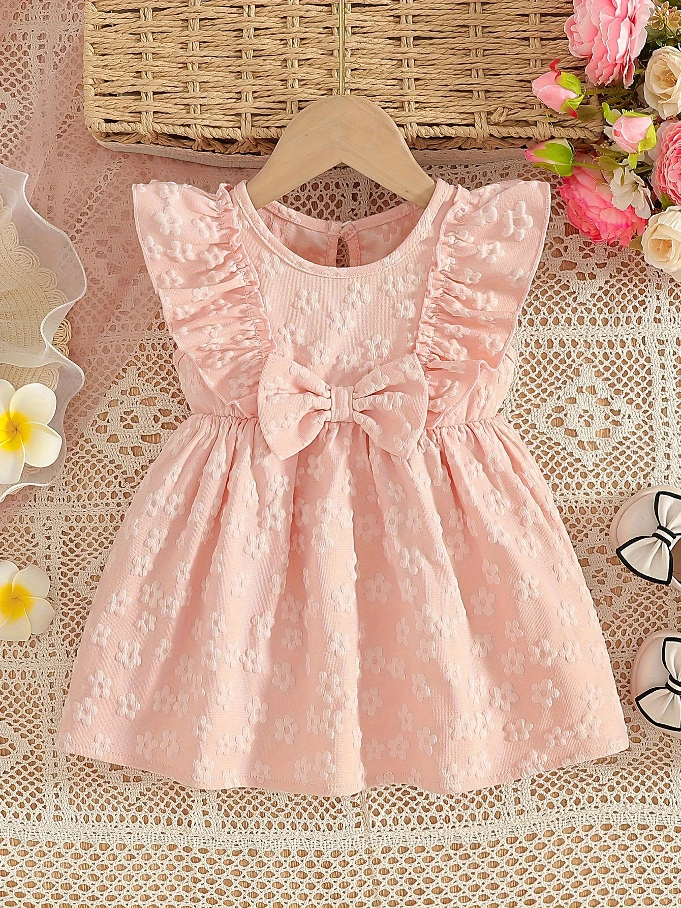 

Baby Girl 3D Jacquard Dress (Flutter Sleeves & Bow) – Perfect Valentine’s Day/Birthday Gift for Your Little One