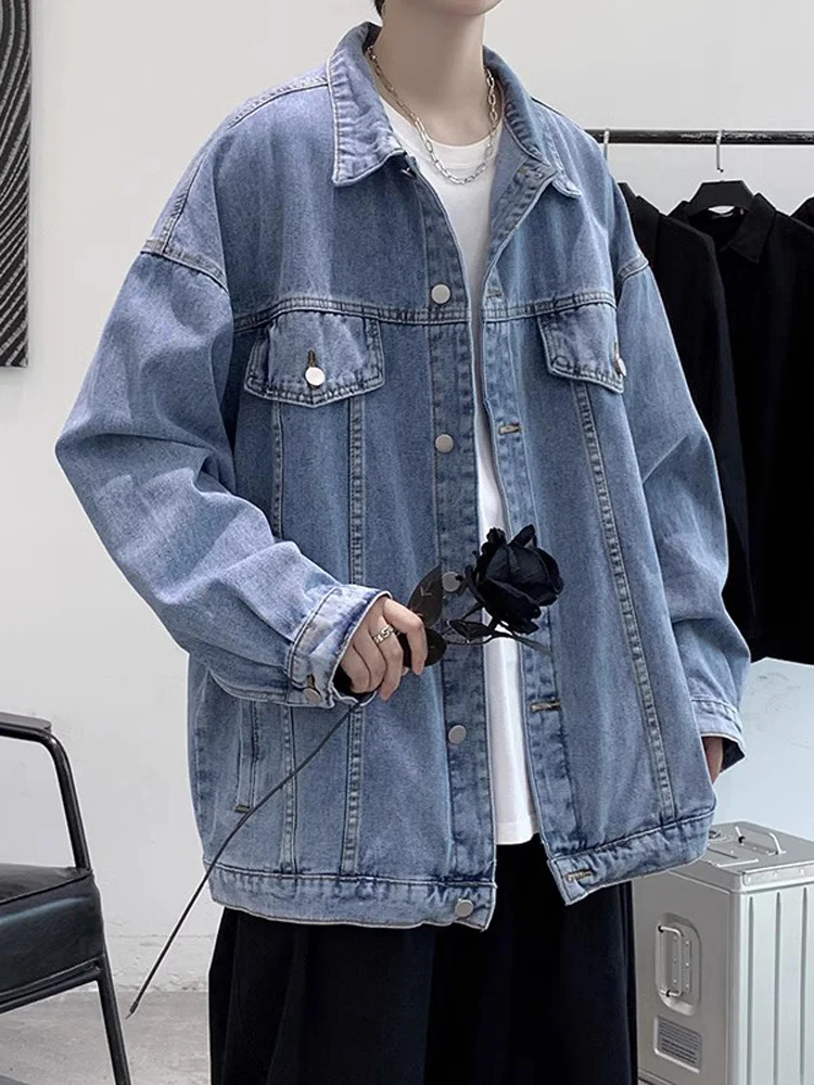 

Spring Autumn Men's Casual Loose Collar Denim Jacket Vintage Washed Trendy Brand Patchwork Color Outerwear