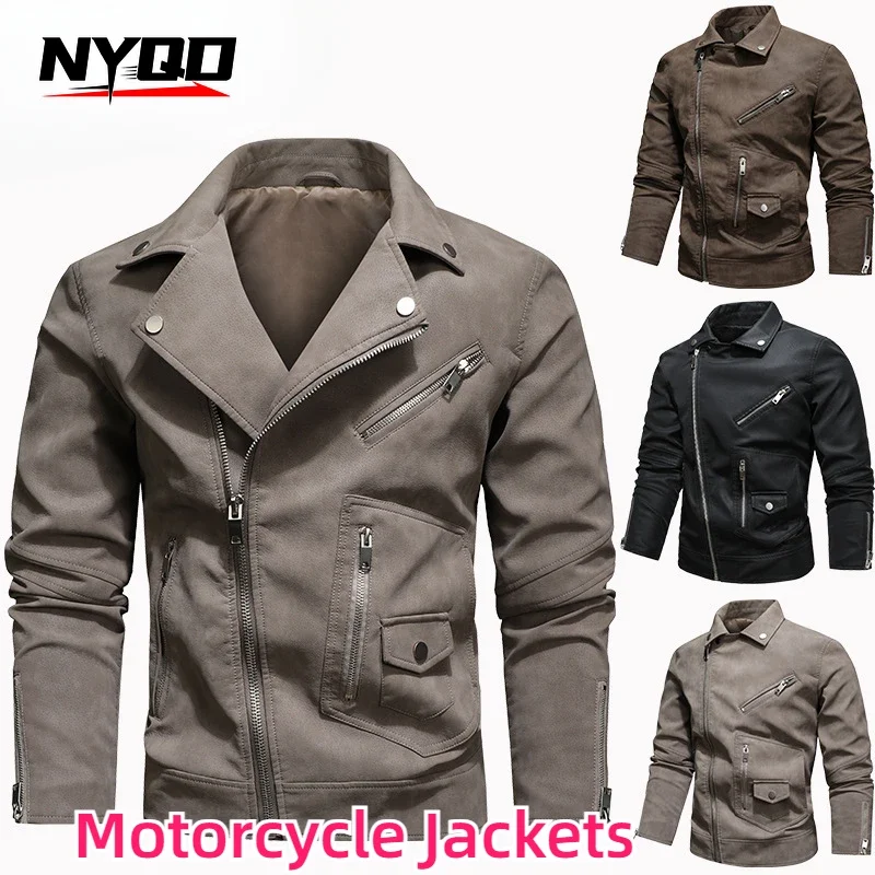 Men's Motorcycle Leather PU Jacket with Diagonal Zipper and Large Lapel, Trendy Men's Jacket Motorcycle Jacket Men오토바이 재킷