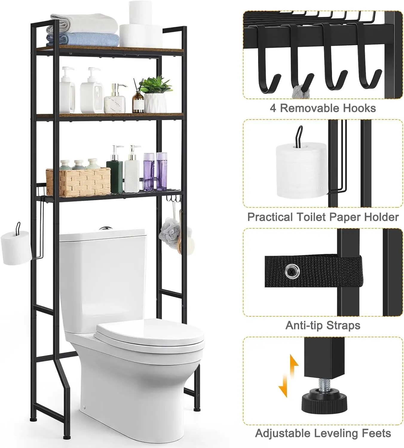 3 levels of bathroom organizer and toilet storage rack above the toilet with hooks and toilet paper holder