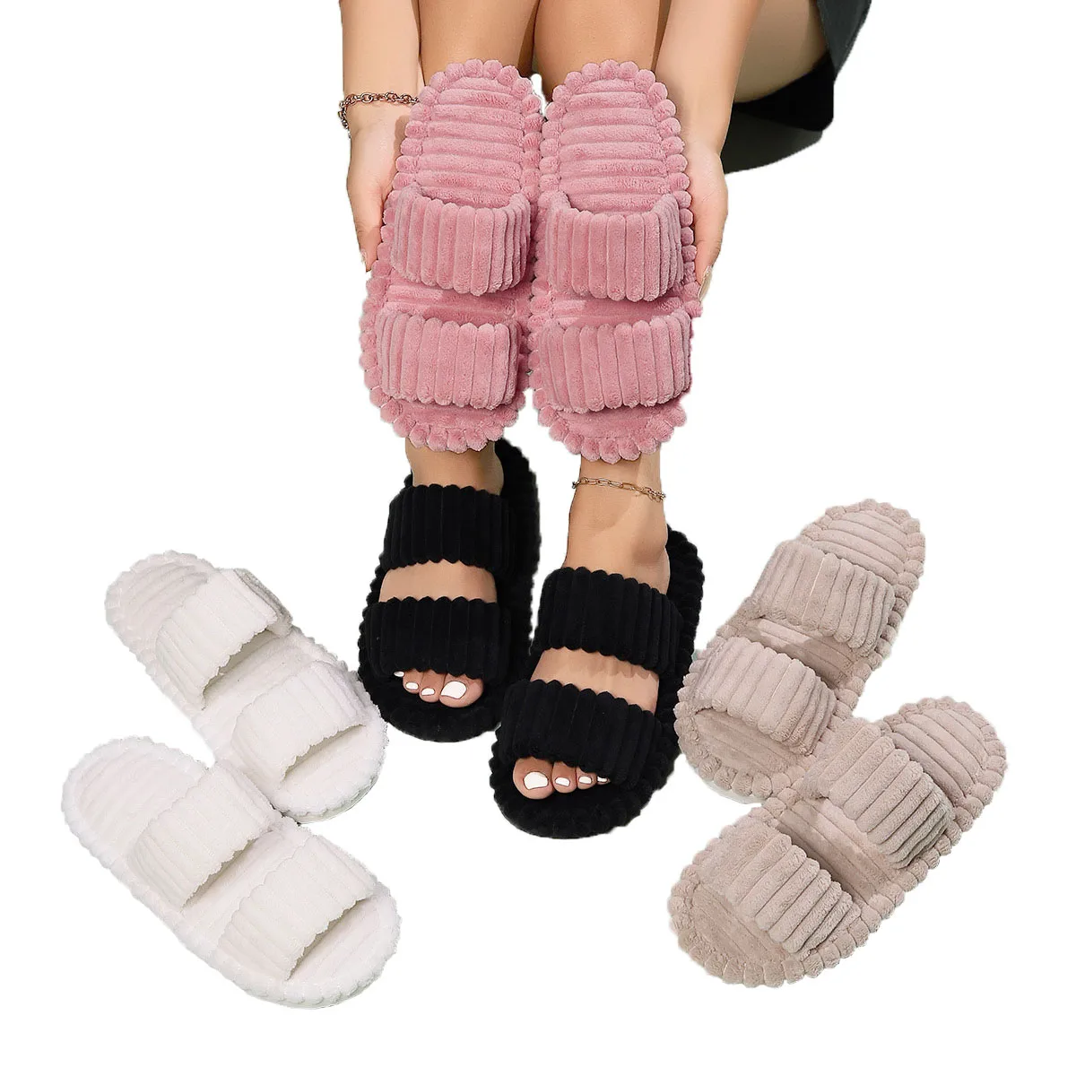 Double Straps Slippers for Women Cross Band Open Toe Memory Foam Floor Shoes for House, Home, Cozy Non Slip Corduroy Cotton Slip