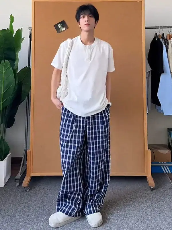 

Мужские свободные брюки в клетку American Sle, корейские повседневные брюки с широкими штанинами, прямые брюки из полиэфирного волокна