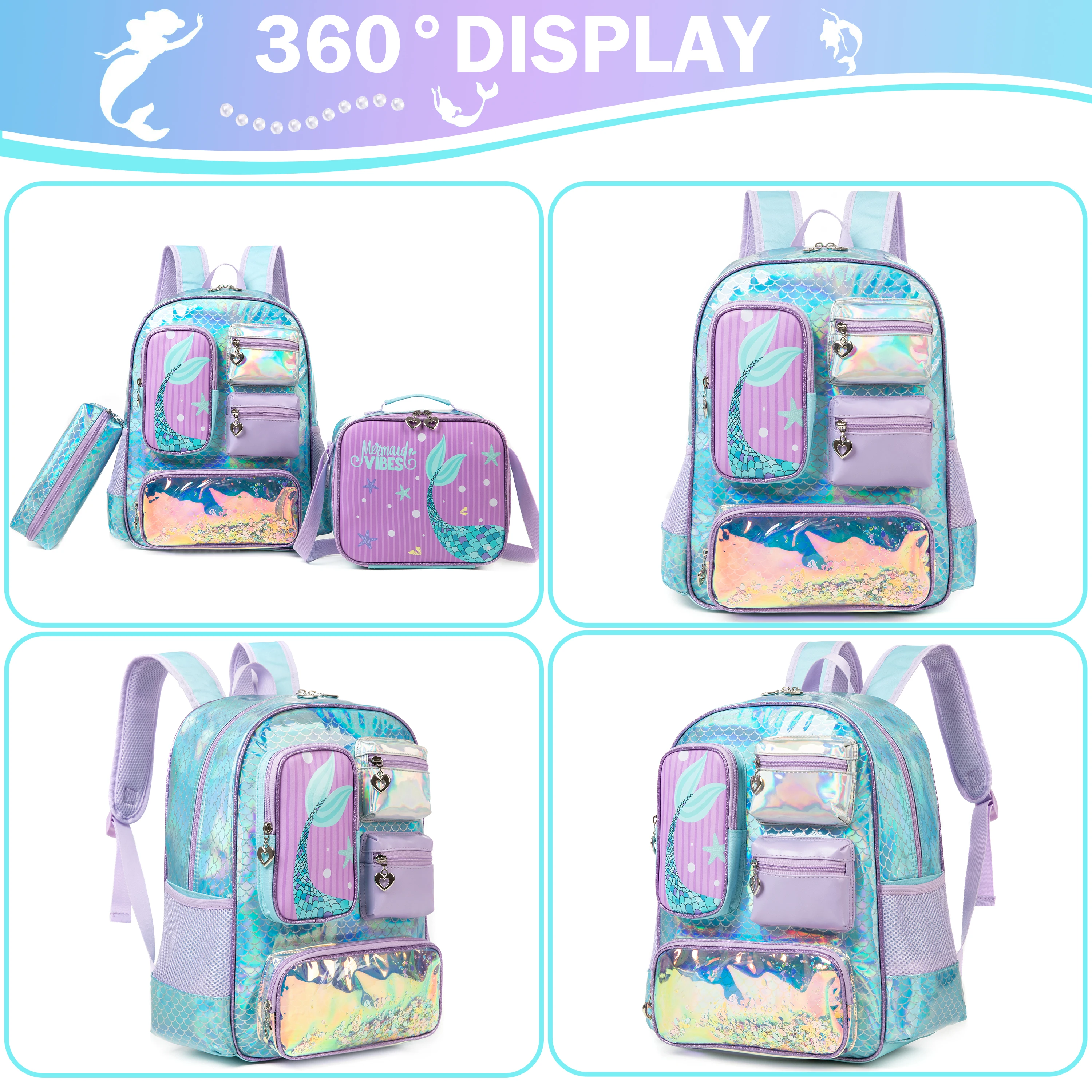 Meetbelify Mermaid Backpack for Girls Bookbag for Girls with Lunchbag and Penbag for Elementary Students