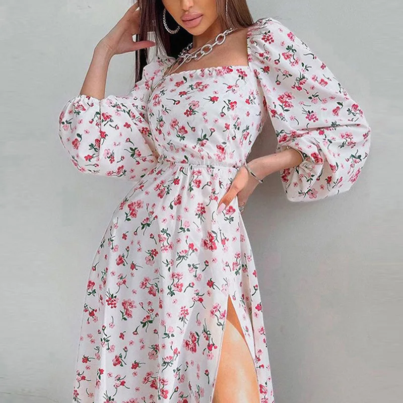 

Elegant Flower Print Dresses Women Backless Leace-up Lantern Sleeves Slit Dress Temperament Fresh And Sweet Style Vestido Female