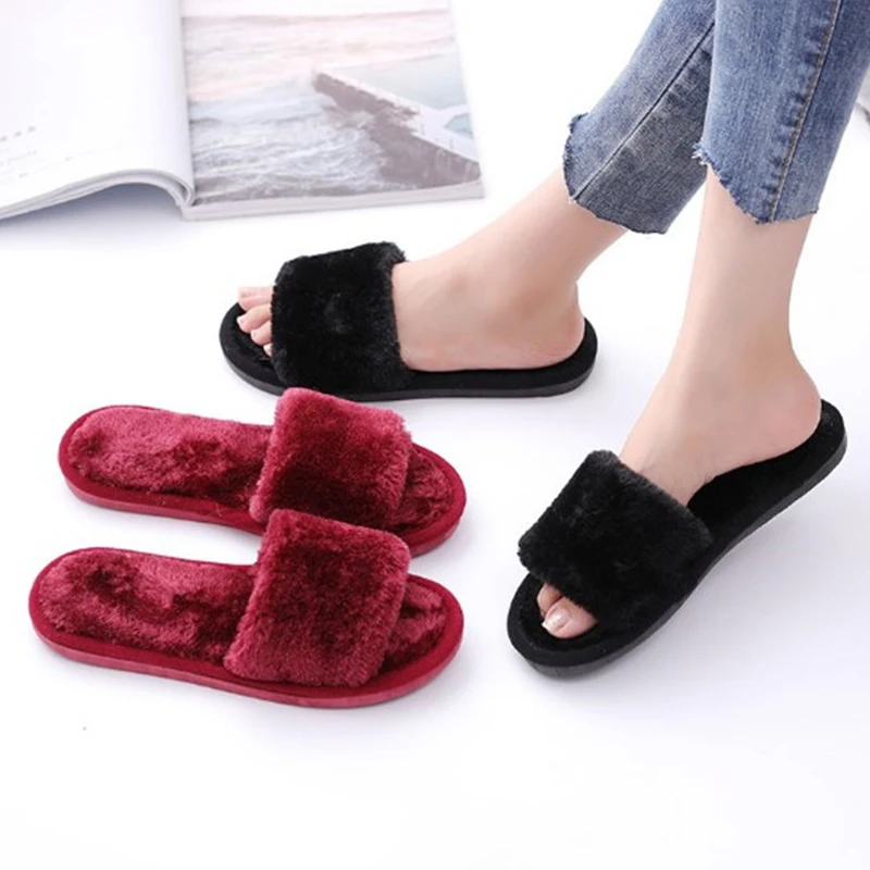 Non-slip Women Solid Color Faux Fur Slippers Soft Non-disposable Home Hospitality Slippers Party Gifts Wedding Guests Slippers