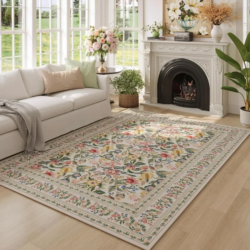 

French Living Room Carpet Large Area Retro Floral Print Bedroom Rug Soft Machine Washable Non-slip Coffee Table Mats Tapis Ковер