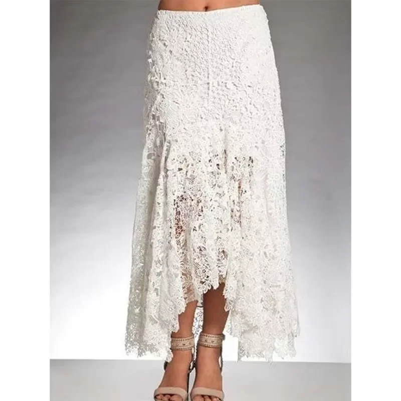 Elegante kanten asymmetrische midi-rok dames Y2K Boho hoge taille holle mesh patchwork gelaagde maxi-rokken dame vakantie-outfits