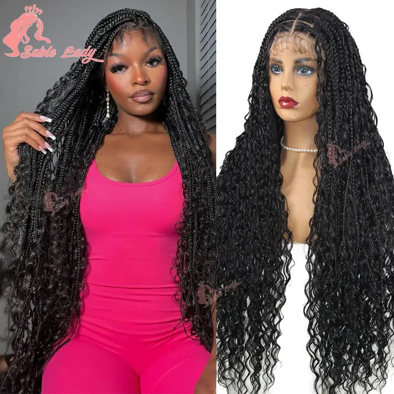 32 Inches Long Boho Braided Wigs Synthetic Full Lace Knotless Box Braiding Wig Curly Ends Square Part Knotless Box Braids Wig