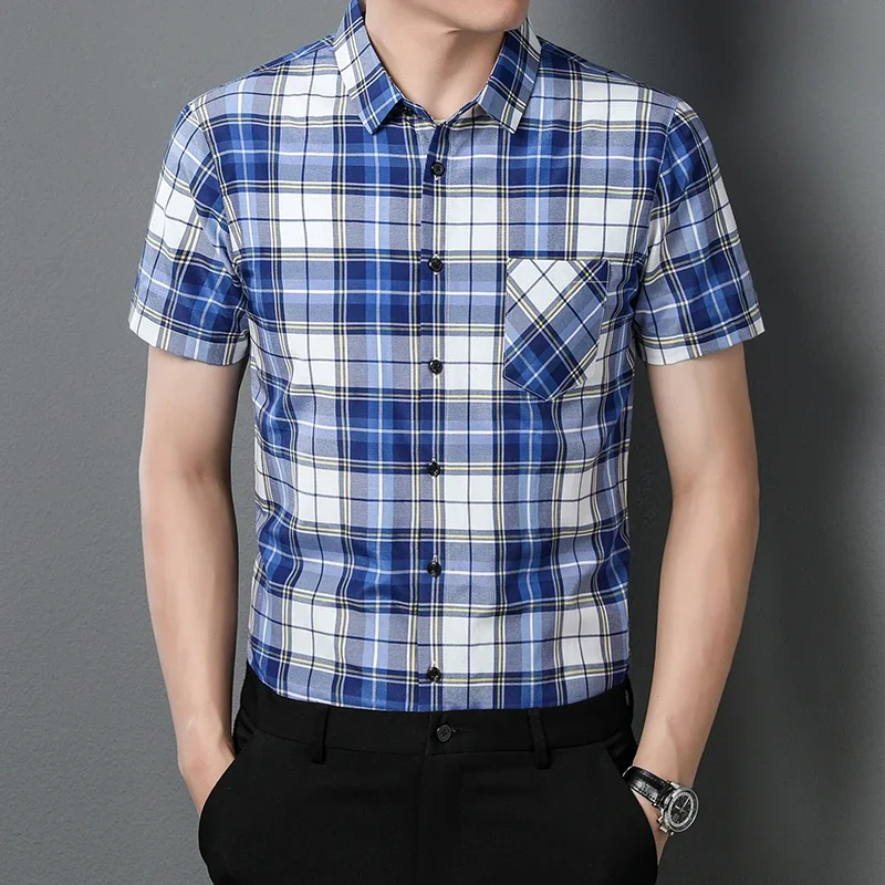 New Men's Casual Plaid Short Sleeved Lapel Shirt for Summer Fashion Comfort No Ironing Wrinkle Resistant Top