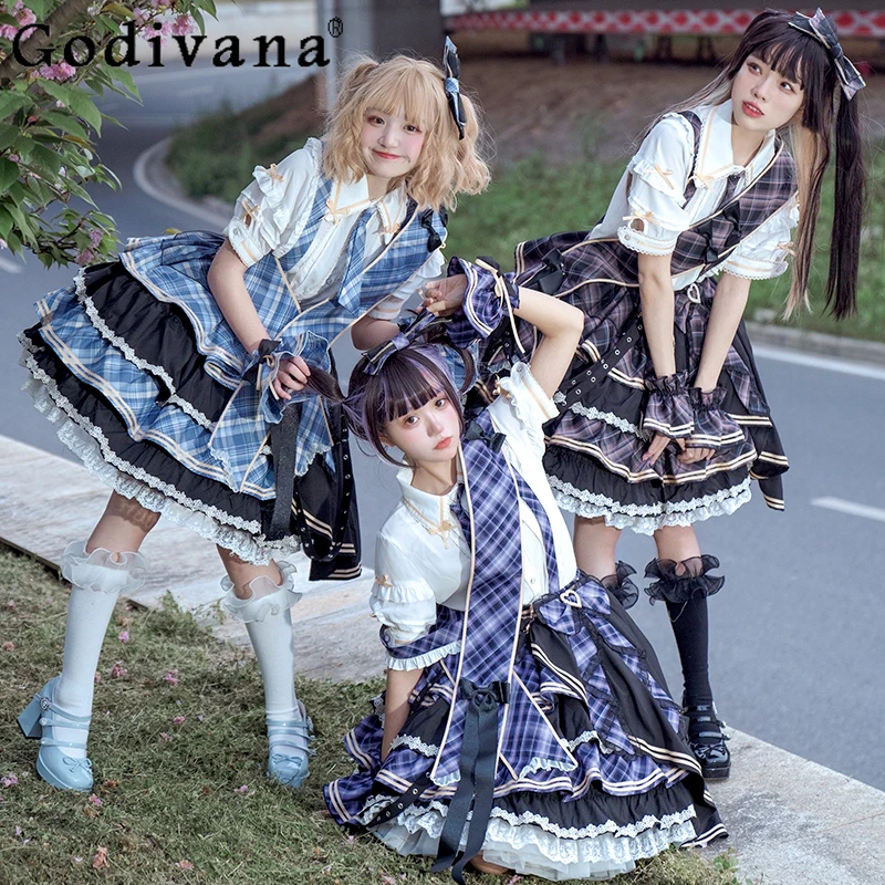 Mulheres verão lolita traje jsk terno camisa de manga curta rendas até gravata costura suspender saia roupas meninas vestido xadrez conjunto