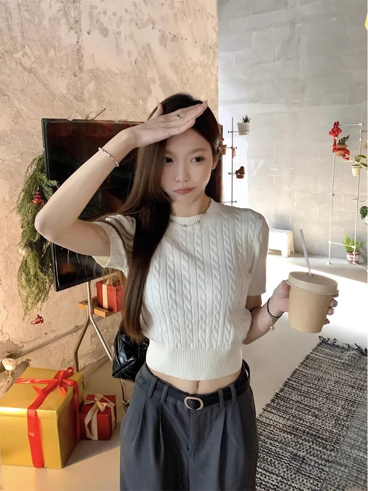 White Ice Silk Twist Short Sleeve Knitted Summer Top Women's round Neck Thin Style Versatile Slim Fit T-Shirt Korean Style Co...