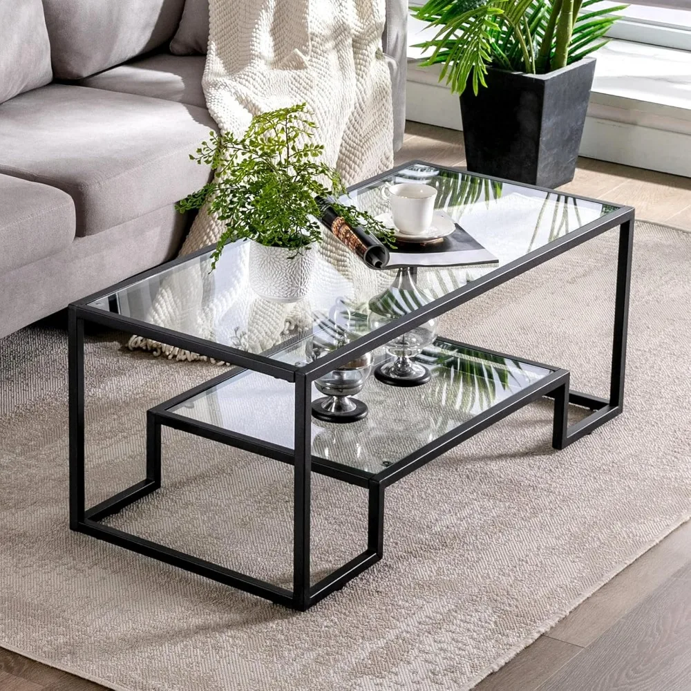 Simple Modern Glass 3-Piece Table Set, Includes Coffee Table and 2 End Tables, Black