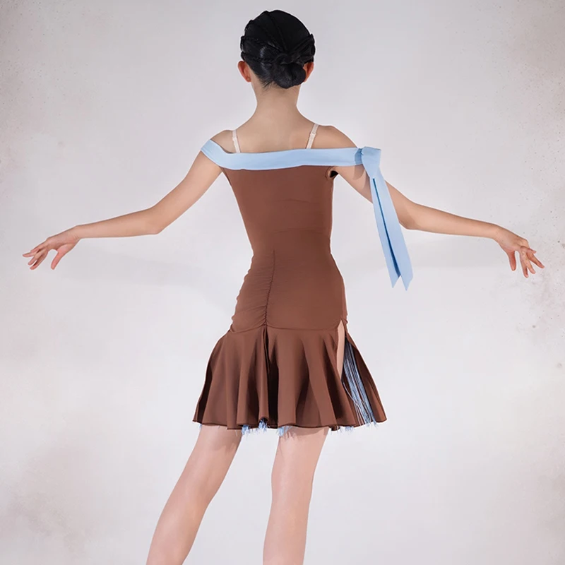 Costume de danse latine café pour filles, vêtements de Performance d'été pour enfants, Cha Cha Rumba, vêtements de scène, jupe à volants, ensemble XH2551, nouvelle collection 2025
