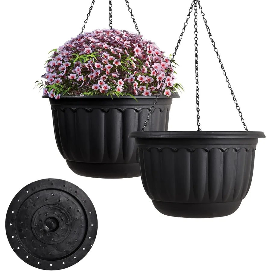 

2 упаковки черных уличных и внутренних горшков с дренажными отверстиями и впитывающими лотками, подвесные горшки для растений для садового и домашнего использования, 12 шт.