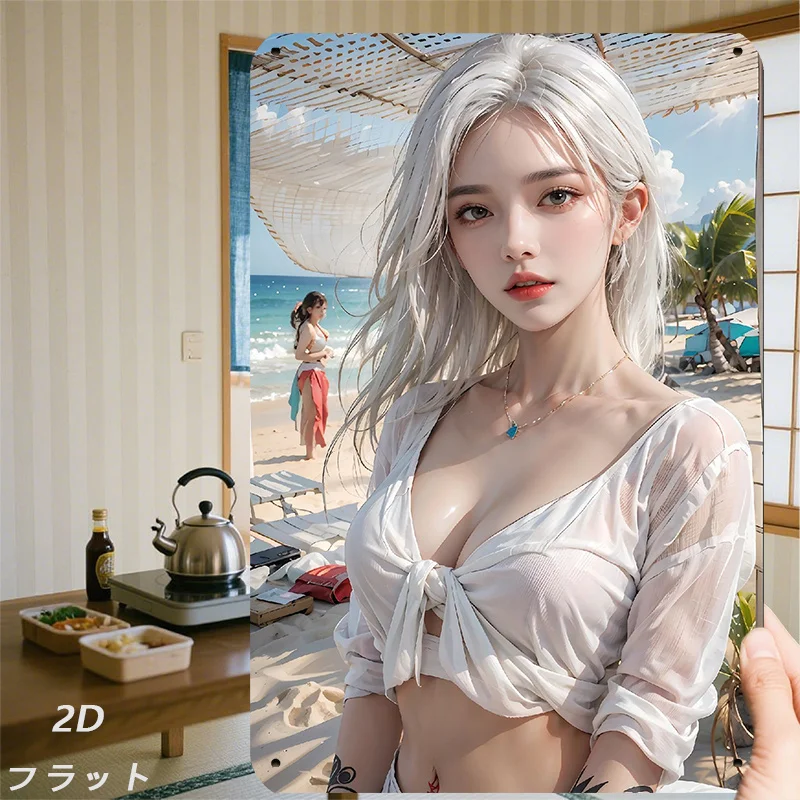 2D Flat Retro Iron Sign Wall Art, 8x12 in Silver Haired Girl Beach Portrait Metal Decor for Home Room