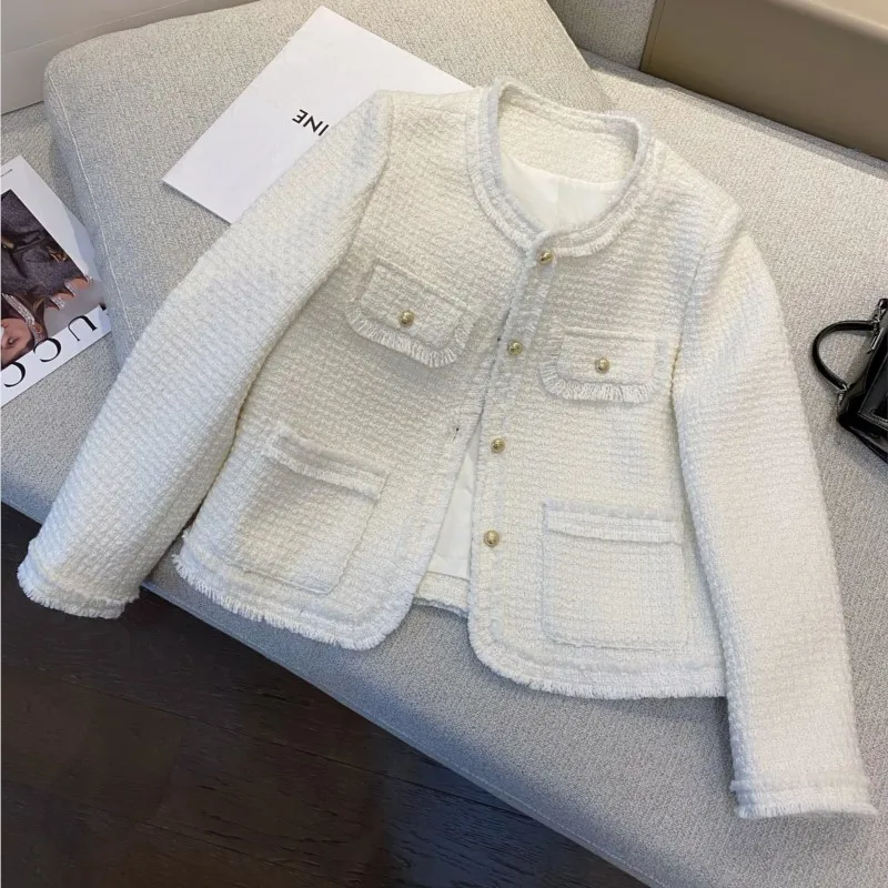 

White women's coarse tweed jacket autumn/winter socialite tassel design small fragrant jacket unique classic top