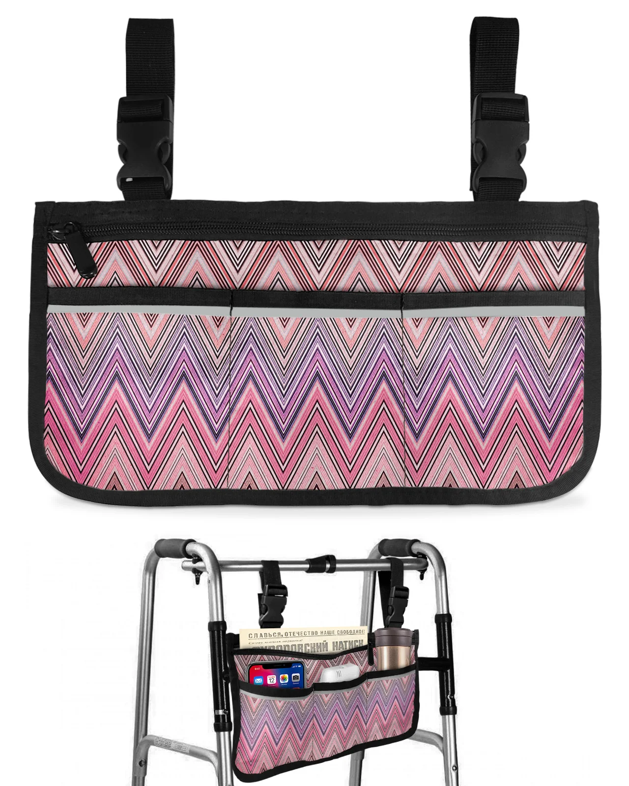 Ethnic Style Zigzag Stripes Abstract Wheelchair Bag With Pockets Armrest Side Bags Electric Scooter Walking Frame Storage Pouch