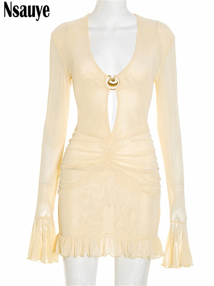 Nsauye 2025 otoño mujer elegante Sexy malla manga larga volantes Vestido corto moda elegante corte bajo fiesta noche Club vestido envolvente
