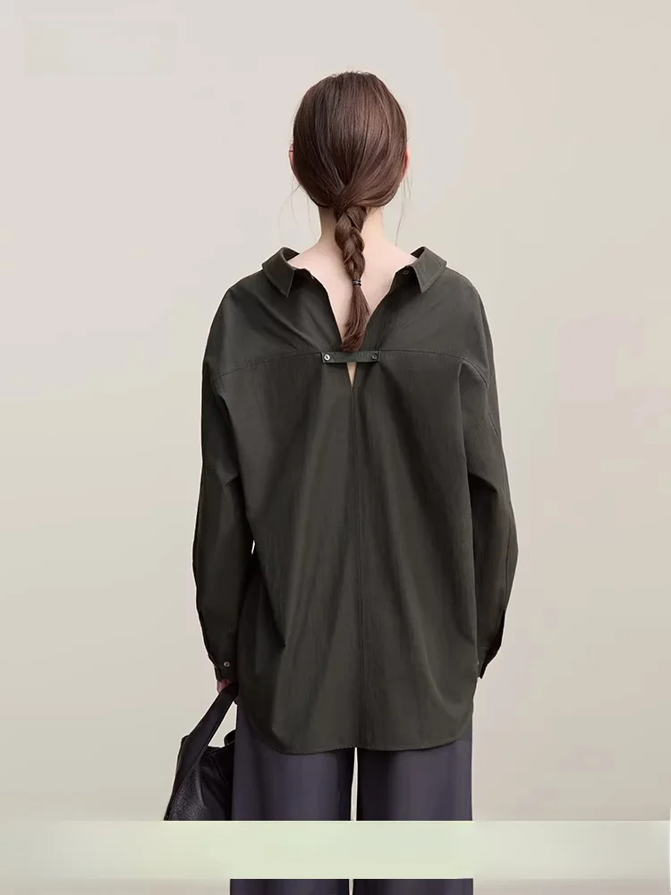 

i Spring New Loose Women's irt with Slanting oulder Sves And Ba Split Button Design Cotton Polyester Blend