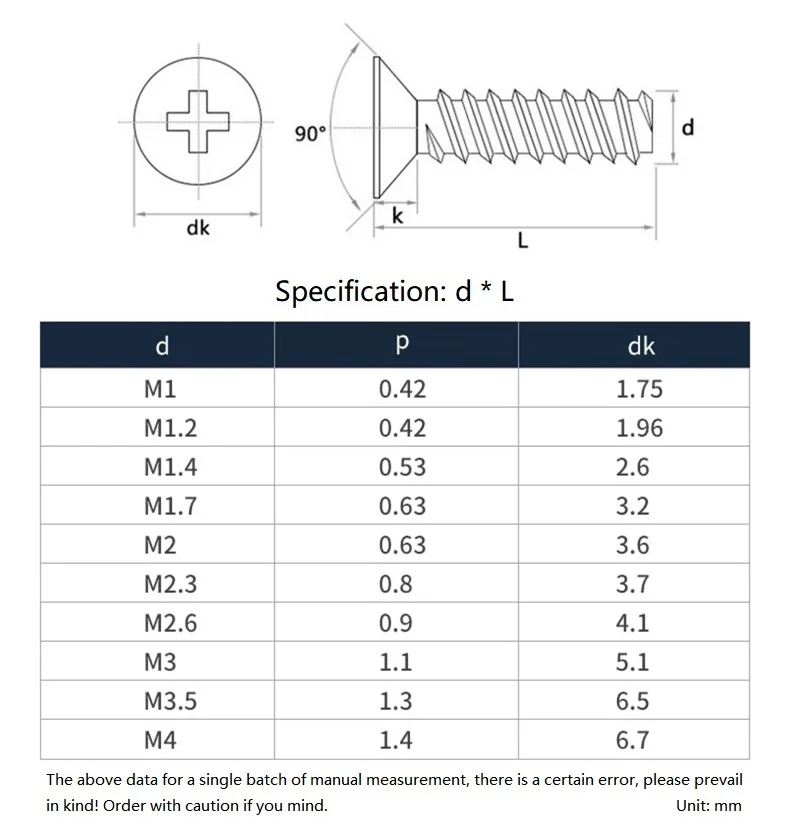 M1 M1.2 M1.4 M1.7 M2 - M4 Nickel Plated / Black Carbon Steel Cross Phillips Countersunk Flat Head Flat Tail Self-tapping Screw
